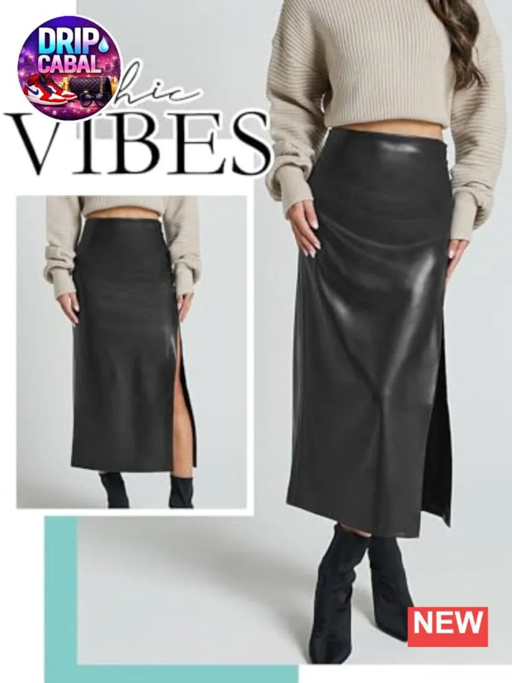 Women High Waisted Faux Leather Side Slit Bodycon Skirt